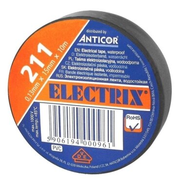 Elektros izoliacinė juosta, juoda, 0.13mmx19mmx20m, 211 ANTICOR Elektros izoliacinė juosta, juoda, 0.13mmx19mmx20m, 211 ANTICOR