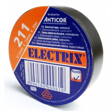 Elektros izoliacinė juosta, juoda, 0.13mmx19mmx20m, 211 ANTICOR Elektros izoliacinė juosta, juoda, 0.13mmx19mmx20m, 211 ANTICOR