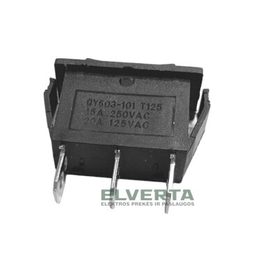 Jungiklis klavišinis ON-OFF, juodas, fiks, 3k. 15A/250Vac, 28x10.5mm, SP3T