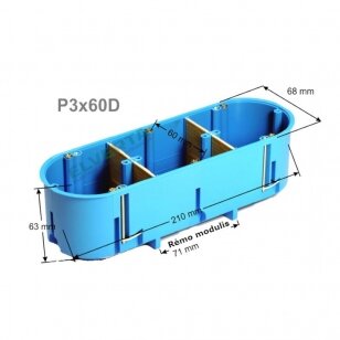 Mėlyna instaliacinė dėžutė į gipso kartoną (pagilinta), 3 vietų P3x60D, iki +960 C
