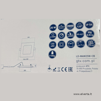 Šviestuvas LED 25W, IP54 įleidžiamas, kvadratinis, baltas, matinis 2000lm, 3000K, MATIS, GTV 1 Šviestuvas LED 25W, IP54 įleidžiamas, kvadratinis, baltas, matinis 2000lm, 3000K, MATIS, GTV 1