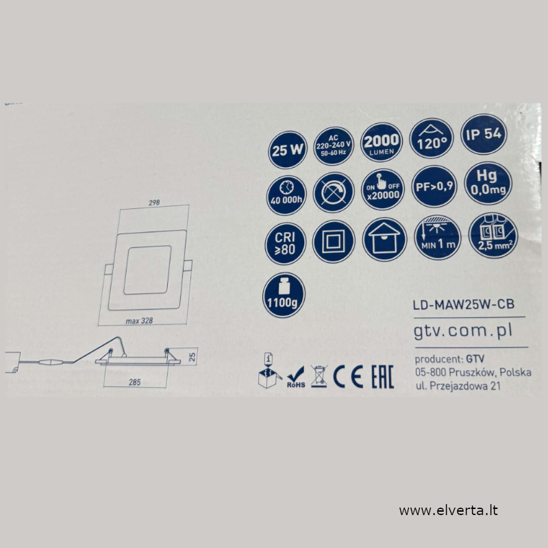 Šviestuvas LED 25W, IP54 įleidžiamas, kvadratinis, baltas, matinis 2000lm, 3000K, MATIS, GTV 1 Šviestuvas LED 25W, IP54 įleidžiamas, kvadratinis, baltas, matinis 2000lm, 3000K, MATIS, GTV 1